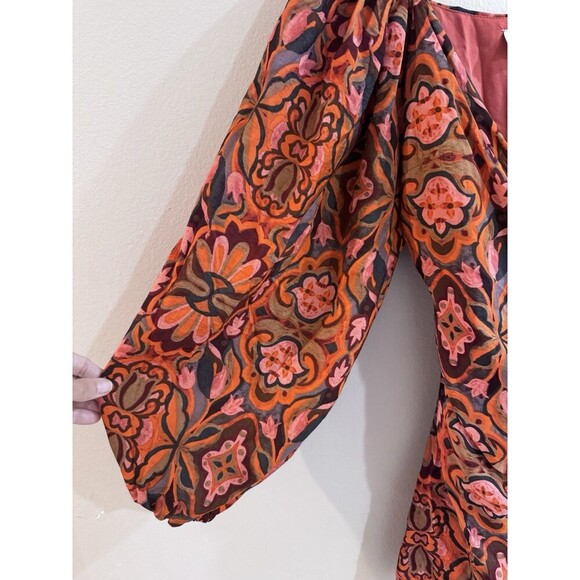 Dress Forum LA Wrap Dress Orange Pink Floral Paisley Long Balloon Sleeves Small - Picture 4 of 6